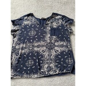 Natural Reflections Womens 2X Navy Paisley Bandana Print V Neck Short Sleeve